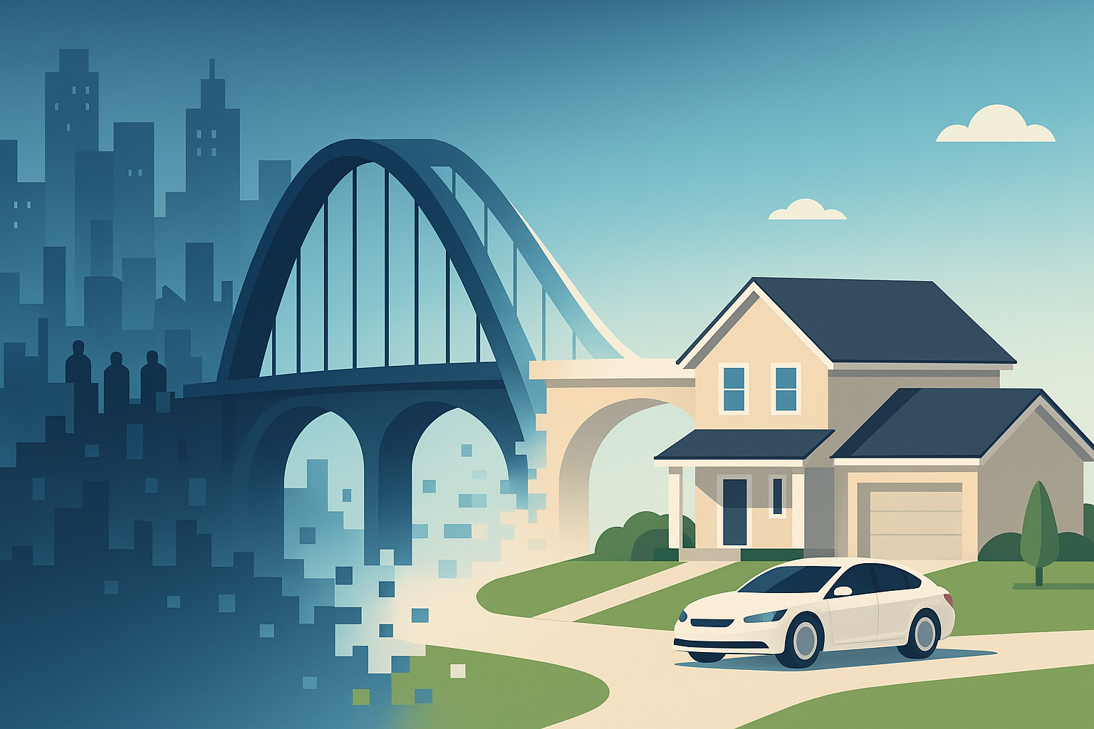 Bridge transitioning from pixelated city to safe suburban home